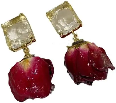 Hofar Dried Rose Earrings Flower Earrings Fashion Vintage Punk Ear Jewelry for Women