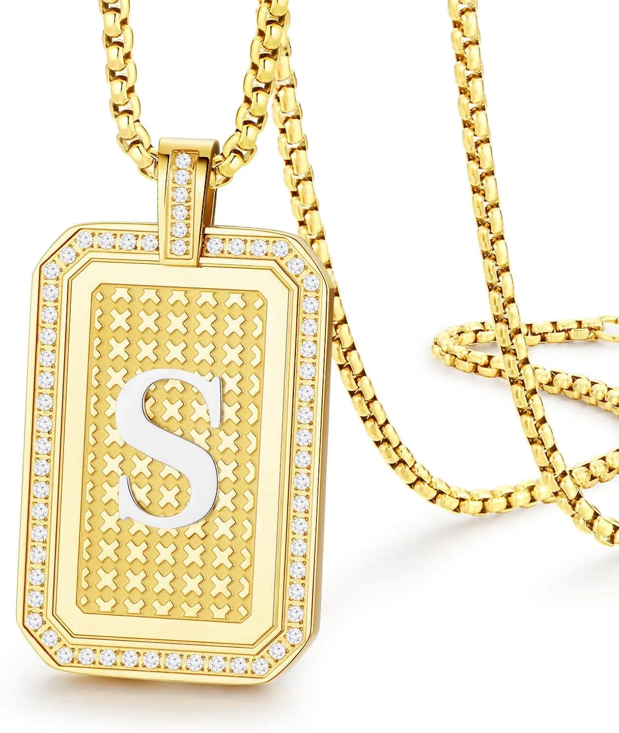 Holizaly Initial A-Z Letter Pendant Necklace Men Women Capital Letter Gold Plated 18K Diamond Square Chain Jewelry Gift, Christmas Gift for Husband