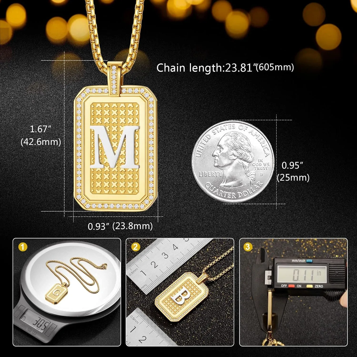 Holizaly Initial A-Z Letter Pendant Necklace Men Women Capital Letter Gold Plated 18K Diamond Square Chain Jewelry Gift, Christmas Gift for Husband