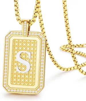 Holizaly Initial A-Z Letter Pendant Necklace Men Women Capital Letter Gold Plated 18K Diamond Square Chain Jewelry Gift, Christmas Gift for Husband
