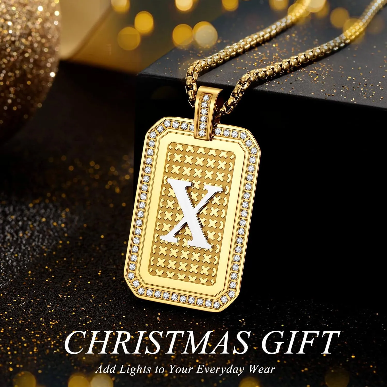 Holizaly Initial A-Z Letter Pendant Necklace Men Women Capital Letter Gold Plated 18K Diamond Square Chain Jewelry Gift, Christmas Gift for Husband