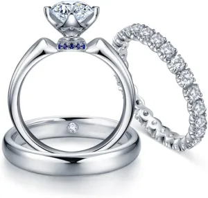 Holy Gorgeous GIA Certificate Natural Diamond Sapphire Gemstone 14k White Gold Bridal Wedding Engagement Women and Men Couple Matching Ring Set (0.599cttw, G-H Color, VS-SI1 Clarity)