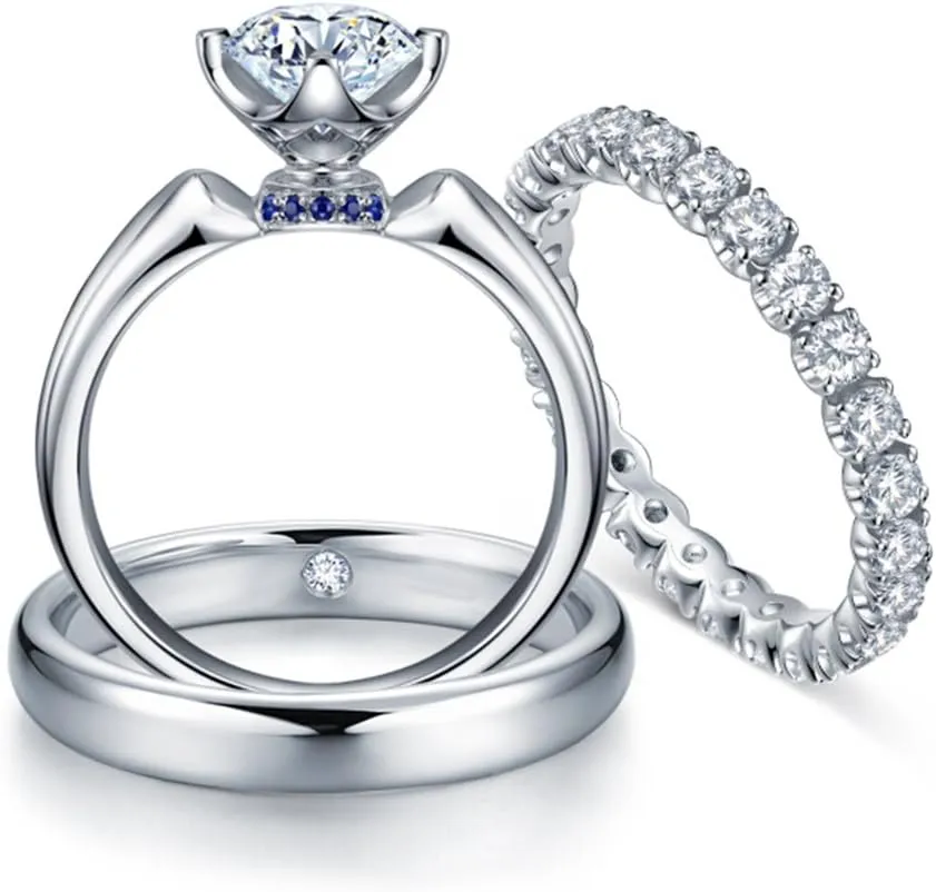 Holy Gorgeous GIA Certificate Natural Diamond Sapphire Gemstone 14k White Gold Bridal Wedding Engagement Women and Men Couple Matching Ring Set (0.599cttw, G-H Color, VS-SI1 Clarity)