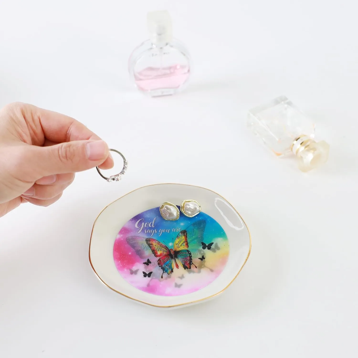 HOME SMILE God Says You Are Jewelry Ring Dish Tray with Dynamic Butterfly Pattern Shifts,Christian Religious Spiritual Gifts for Women Female Friend Sister Mother's Day Birthday