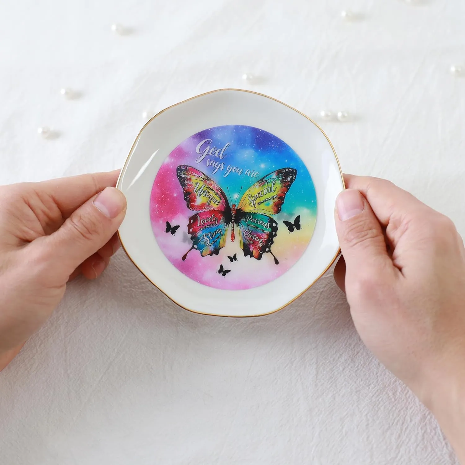 HOME SMILE God Says You Are Jewelry Ring Dish Tray with Dynamic Butterfly Pattern Shifts,Christian Religious Spiritual Gifts for Women Female Friend Sister Mother's Day Birthday