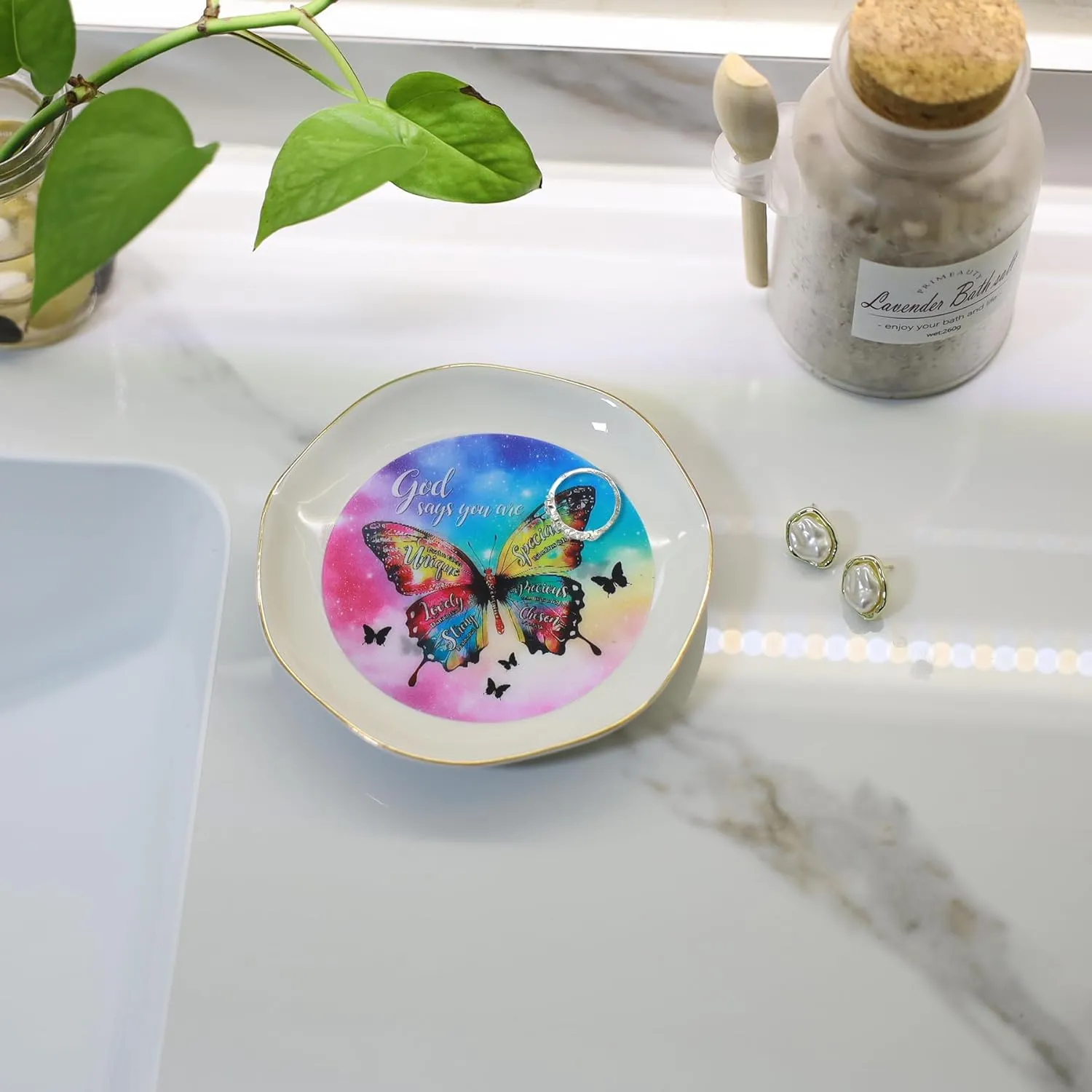 HOME SMILE God Says You Are Jewelry Ring Dish Tray with Dynamic Butterfly Pattern Shifts,Christian Religious Spiritual Gifts for Women Female Friend Sister Mother's Day Birthday