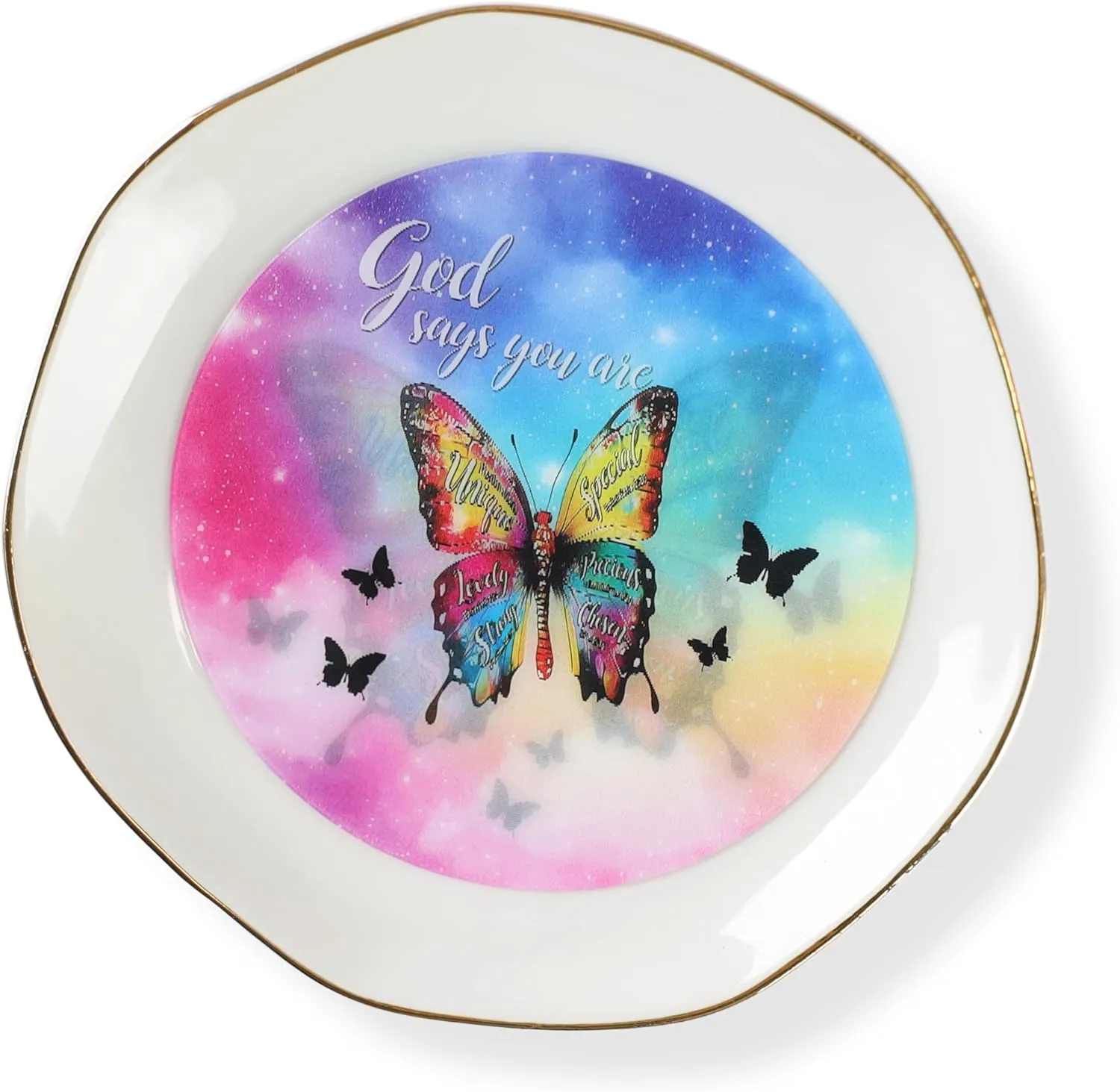 HOME SMILE God Says You Are Jewelry Ring Dish Tray with Dynamic Butterfly Pattern Shifts,Christian Religious Spiritual Gifts for Women Female Friend Sister Mother's Day Birthday