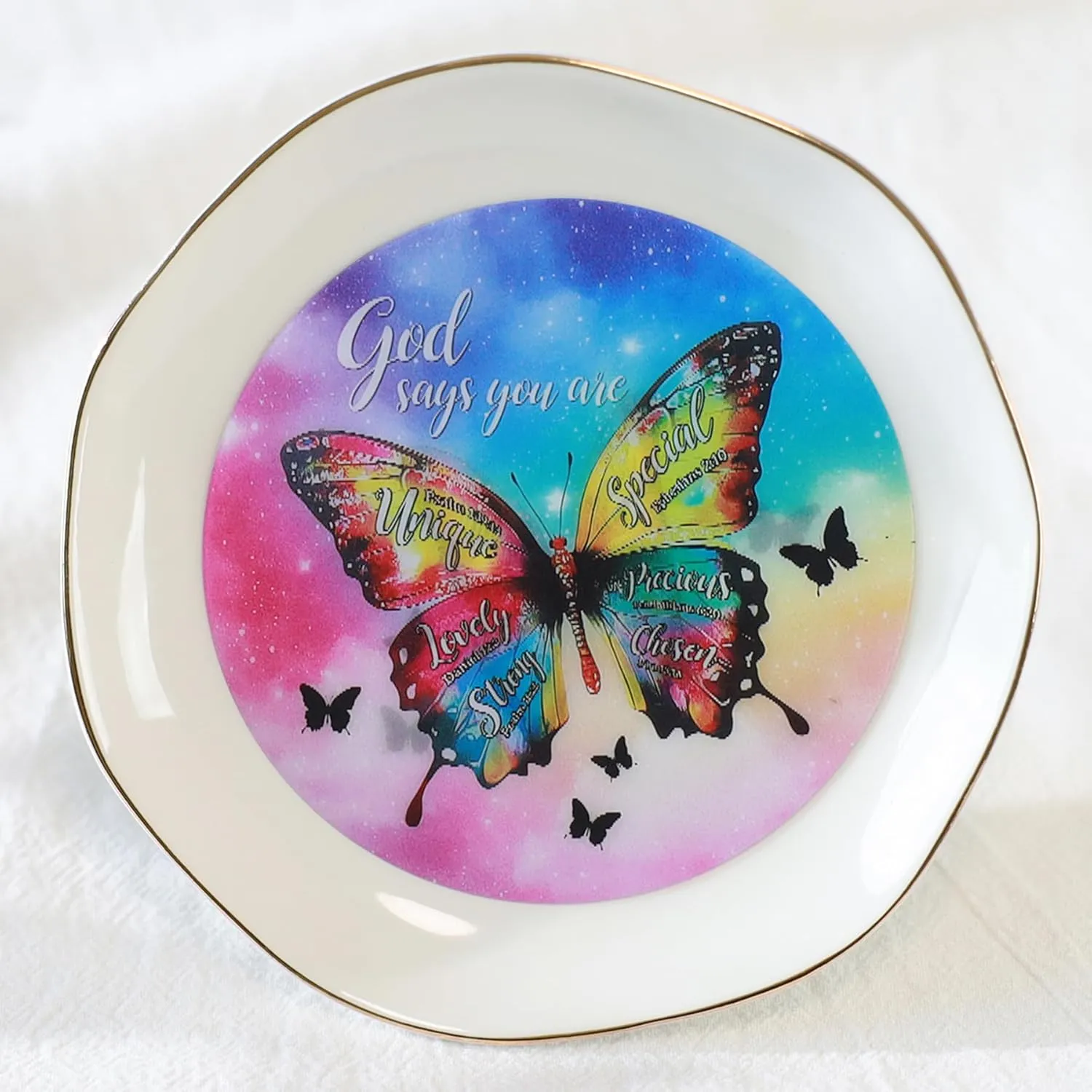 HOME SMILE God Says You Are Jewelry Ring Dish Tray with Dynamic Butterfly Pattern Shifts,Christian Religious Spiritual Gifts for Women Female Friend Sister Mother's Day Birthday