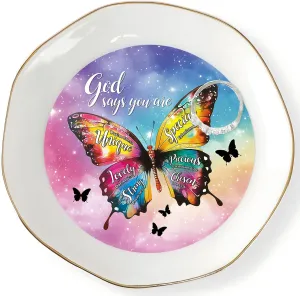 HOME SMILE God Says You Are Jewelry Ring Dish Tray with Dynamic Butterfly Pattern Shifts,Christian Religious Spiritual Gifts for Women Female Friend Sister Mother's Day Birthday