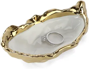 HOME SMILE Oyster Shell Ring Dish,Jewelry Dish Tray, Trinket Tray, Long Distance Friendship Gifts for Women,Ceramic Gold