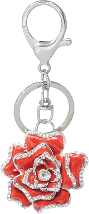 Honbay 1PCS Rhinestone Red Rose Keychain Sparkling Blossoming Flower Keyring Decoration in A Box for Bag Purse Wallet Handbags Backpack