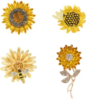 Honbay 4PCS Sparkling Rhinestones Sunflower Brooch Pins Enamel Alloy Flower Bee Brooches Daisy Breastpin Lapel Pins Hat Scarf Shawl Sweater Cardigan Clips