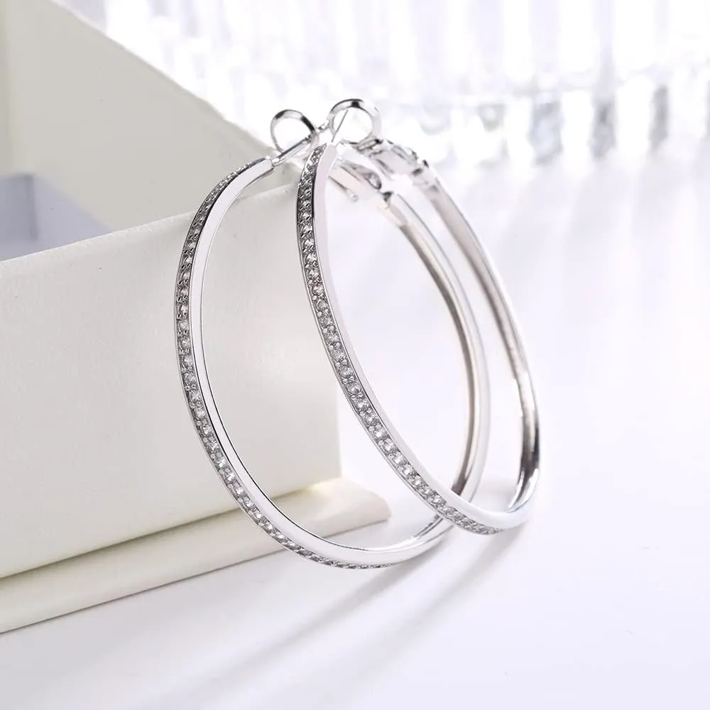 Hoop Earrings with Genuine Crystals - Hoop Earrings for Sensitive Ears with Omega Closure - Great Gift Idea for Every Occasion - Silver - (Size 40mm Diameter)