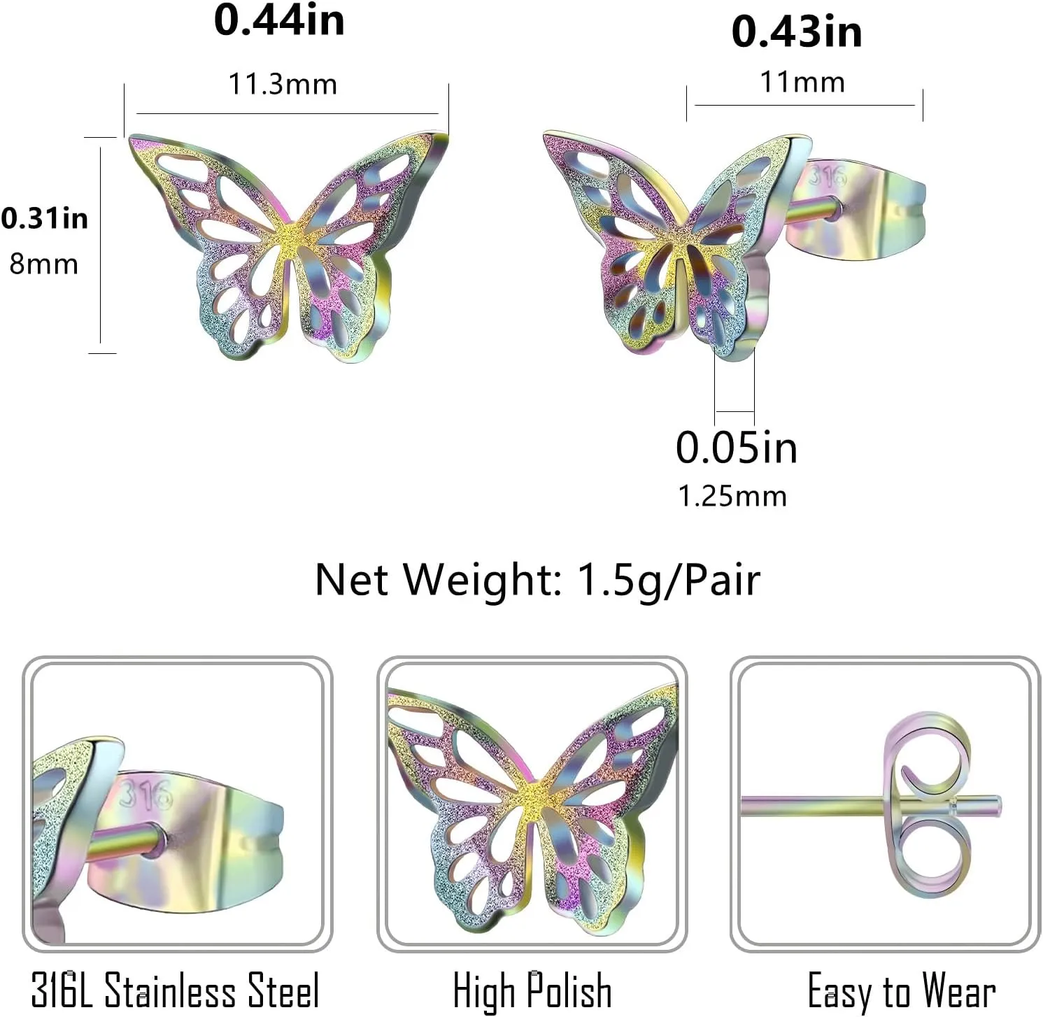 Hopply Dainty Gold Rainbow Butterfly Stud Earrings for Women Hypoallergenic 20G Surgical Stainless Steel Post Cartilage Earrings Trendy Jewelry for Sensitive Ears