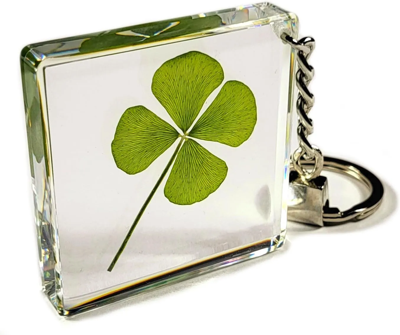 HQRP-Crystal 48mm Real Four Leaf Clover Shamrock in Rectangular Keychain Lucky Leaf Inside Clear Lucite Resin St.Patrick's Day Gift Decoration Botany Key Ring Chain Display Specimen