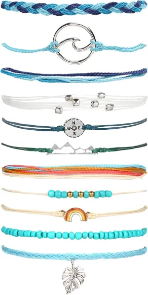 HUASAI 3 Set Wave Surfer Vsco Bracelet Mountain Sunflower Leaf Braided Rope Bracelet Set Adjustable Friendship Bohemian Handmade Bracelet Waterproof for Women Men (set 5)