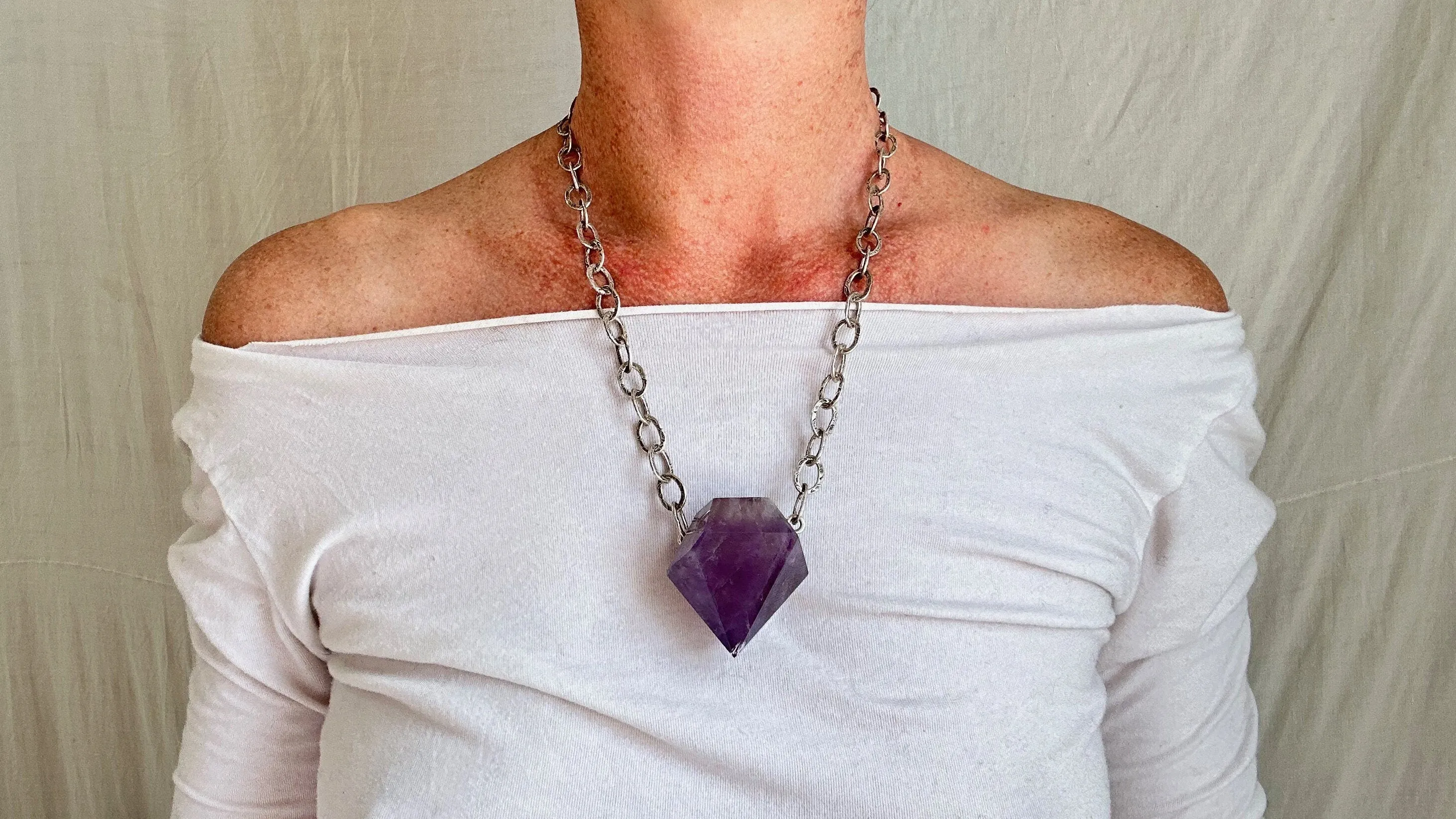 Huge Amethyst Pendant Necklace. Chunky Silver Chain. Sterling Silver. 2241
