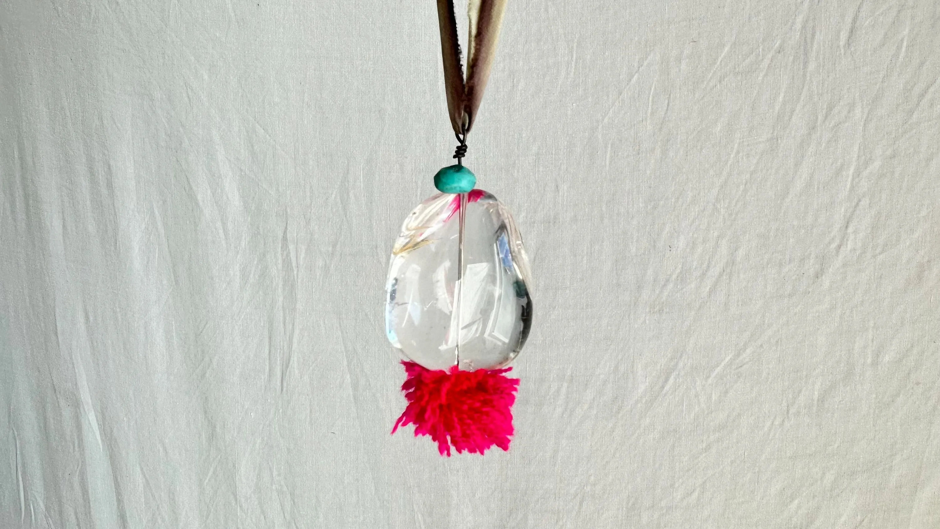 Huge Quartz & Turquoise Pom-Pom Pendant Necklace. Silk Ribbon. 2283