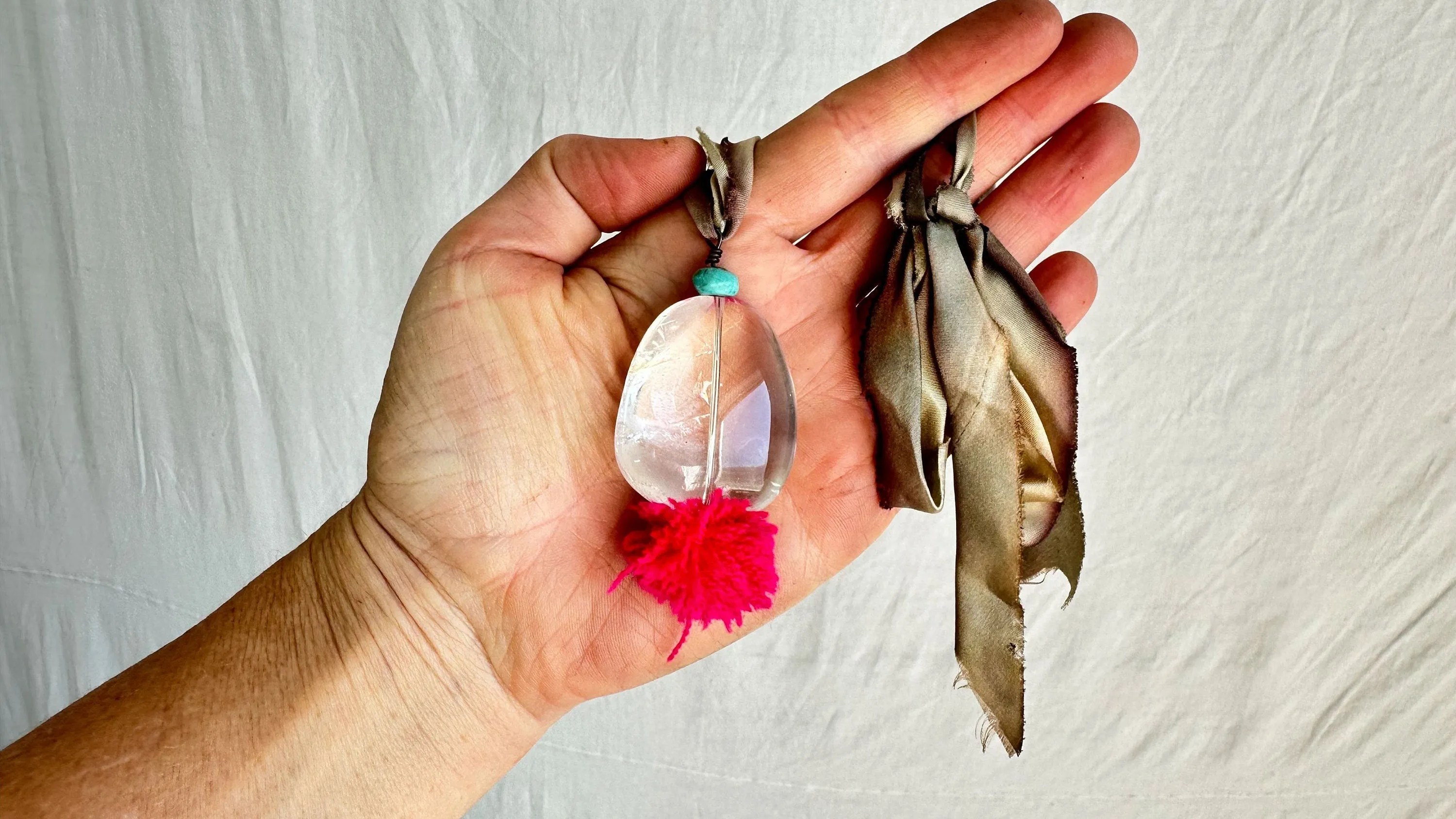 Huge Quartz & Turquoise Pom-Pom Pendant Necklace. Silk Ribbon. 2283