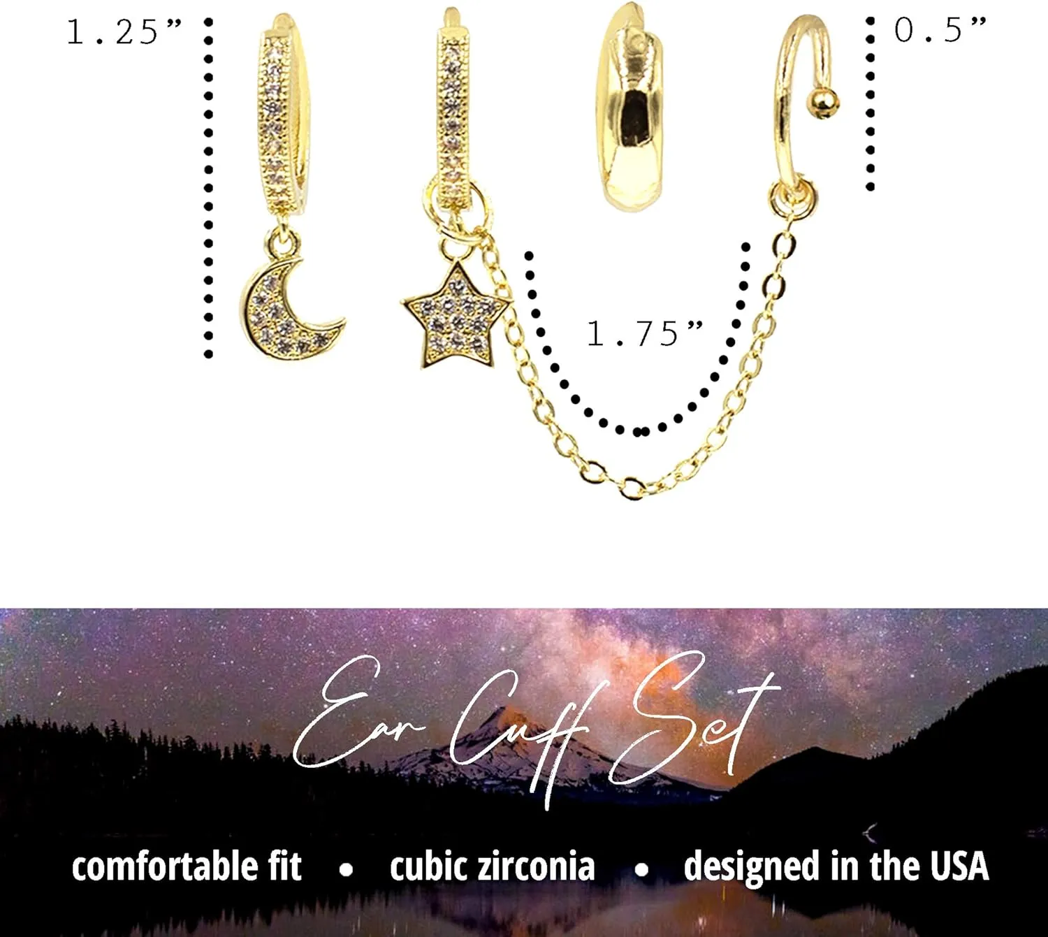 Huggie Earring Ear Cuff Chain Set  Earring Cuffs for Women  14K Gold Plated  Sparkling Cubic Zirconia - Cartilage Chain Threader Earrings for Women  Mix & Match Earring Set