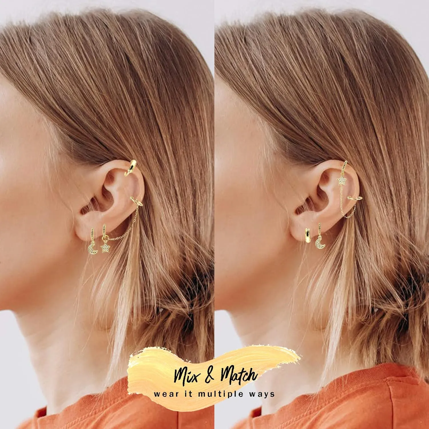 Huggie Earring Ear Cuff Chain Set  Earring Cuffs for Women  14K Gold Plated  Sparkling Cubic Zirconia - Cartilage Chain Threader Earrings for Women  Mix & Match Earring Set