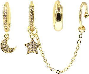 Huggie Earring Ear Cuff Chain Set  Earring Cuffs for Women  14K Gold Plated  Sparkling Cubic Zirconia - Cartilage Chain Threader Earrings for Women  Mix & Match Earring Set