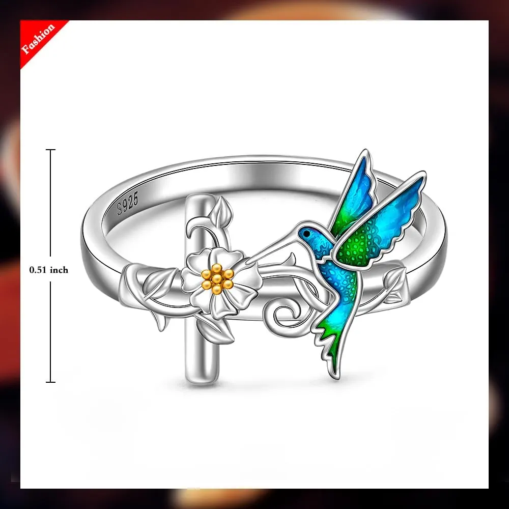 Hummingbird Cross Rings for Women Sterling Silver Hummingbird Ring Womens Hummingbirds Gift Cute Bird Ring Cross Jewelry
