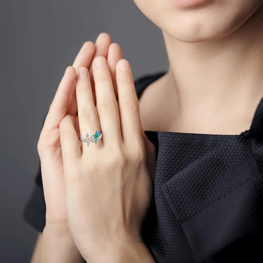 Hummingbird Cross Rings for Women Sterling Silver Hummingbird Ring Womens Hummingbirds Gift Cute Bird Ring Cross Jewelry