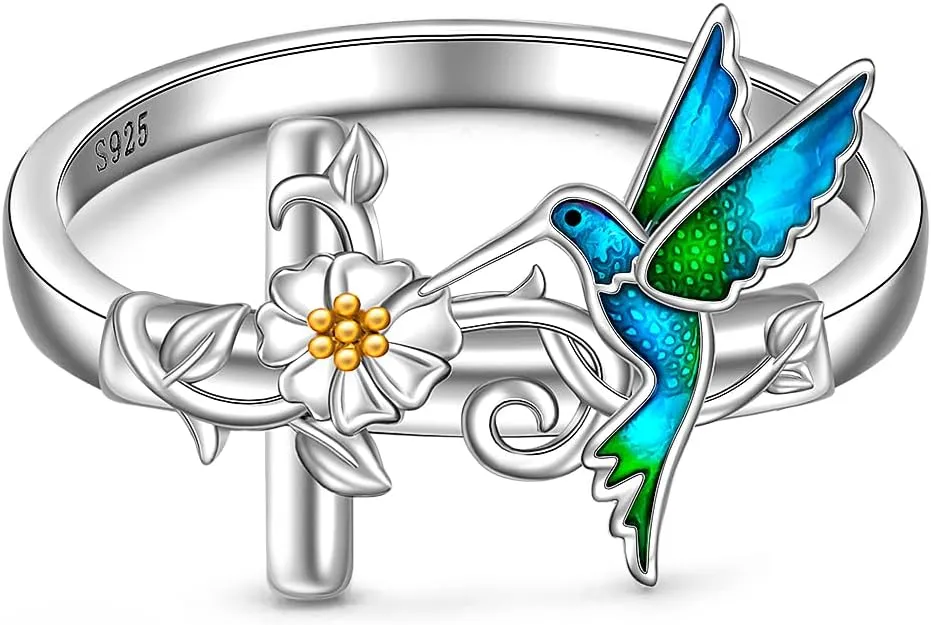 Hummingbird Cross Rings for Women Sterling Silver Hummingbird Ring Womens Hummingbirds Gift Cute Bird Ring Cross Jewelry