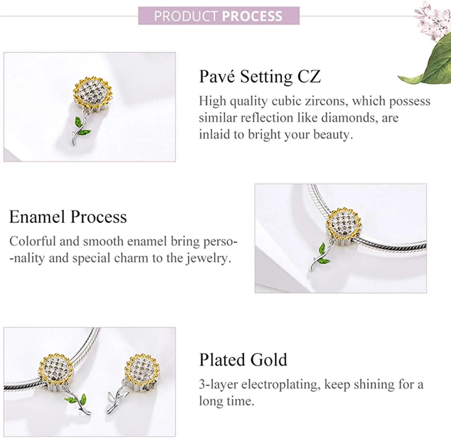 Hutou Sunflower Charm Fit for Charms Bracelet and Necklace You Are My Sunshine Charm Gifts for Women Sparkling AAA Zircon Paved