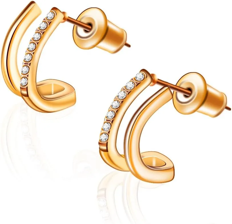 Hypoallergenic Titanium Steel Stud Earrings for Women, 18K Gold Plated Double Row Zirconia Minimalist Earrings, Eco-Friendly Everyday Jewelry Birthday Gifts for Women Her