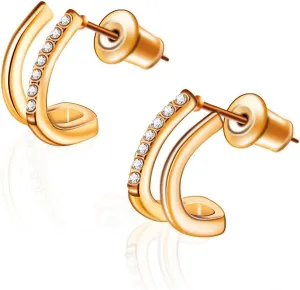 Hypoallergenic Titanium Steel Stud Earrings for Women, 18K Gold Plated Double Row Zirconia Minimalist Earrings, Eco-Friendly Everyday Jewelry Birthday Gifts for Women Her