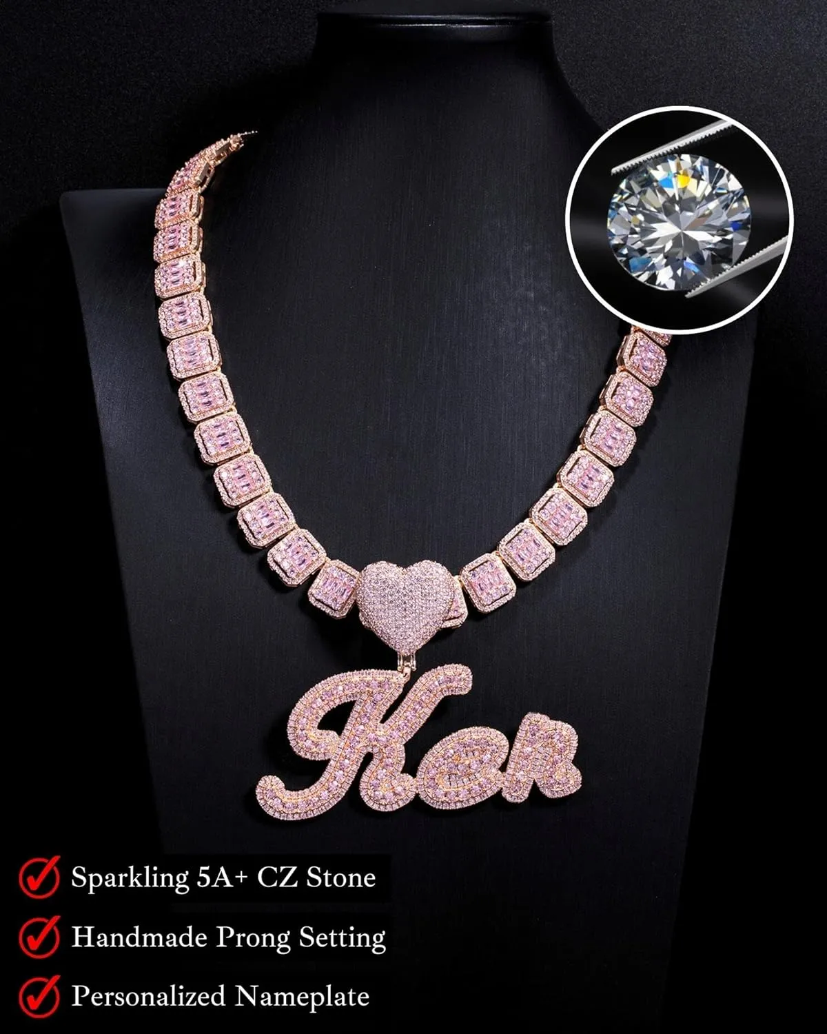 Iced Out Custom Name Necklace Personalized with Cuban Link Chain for Men and Women, Hip Hop 14k Real Gold Plated Initial Letter Pendant Necklaces, Handmade Customized Nameplate Jewelry for Rappers