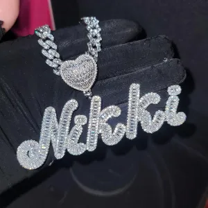 Iced Out Heart Clasp Personalized Name Necklace with Cuban Link Chain Micro Paved Square Cubic Zircon Custom Cursive Nameplate Necklace Choker Silver Gold Initial Pendant Hip Hop Prom Jewelry for Her