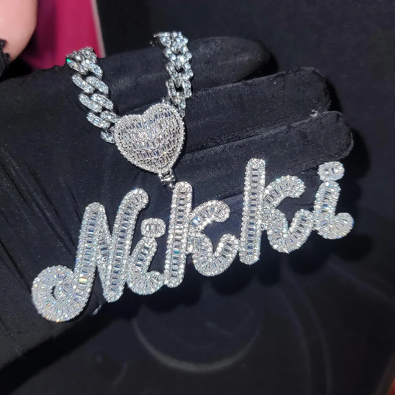 Iced Out Heart Clasp Personalized Name Necklace with Cuban Link Chain Micro Paved Square Cubic Zircon Custom Cursive Nameplate Necklace Choker Silver Gold Initial Pendant Hip Hop Prom Jewelry for Her
