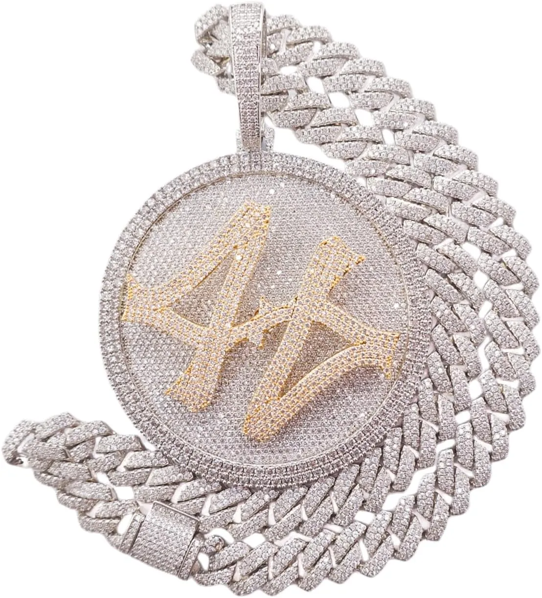 ICEDIAMOND 14K Hip Hop Jumbo 44 Rotating Medal Pendant with 14mm Cuban Link Chain, Gold Plated Iced Out Super Sparkling CZ Diamond Necklace for Men