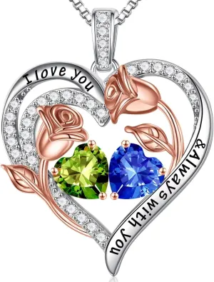 Iefil Birthstone Necklace for Women - 925 Sterling Silver Rose Heart Birthstone Necklace Birthday Anniversary Jewelry Gifts for Her Wife Mom Daughter