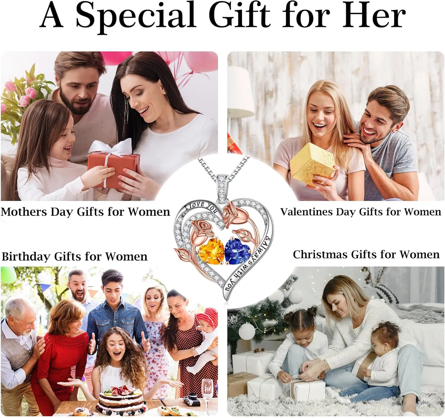 Iefil Birthstone Necklace for Women - 925 Sterling Silver Rose Heart Birthstone Necklace Birthday Anniversary Jewelry Gifts for Her Wife Mom Daughter