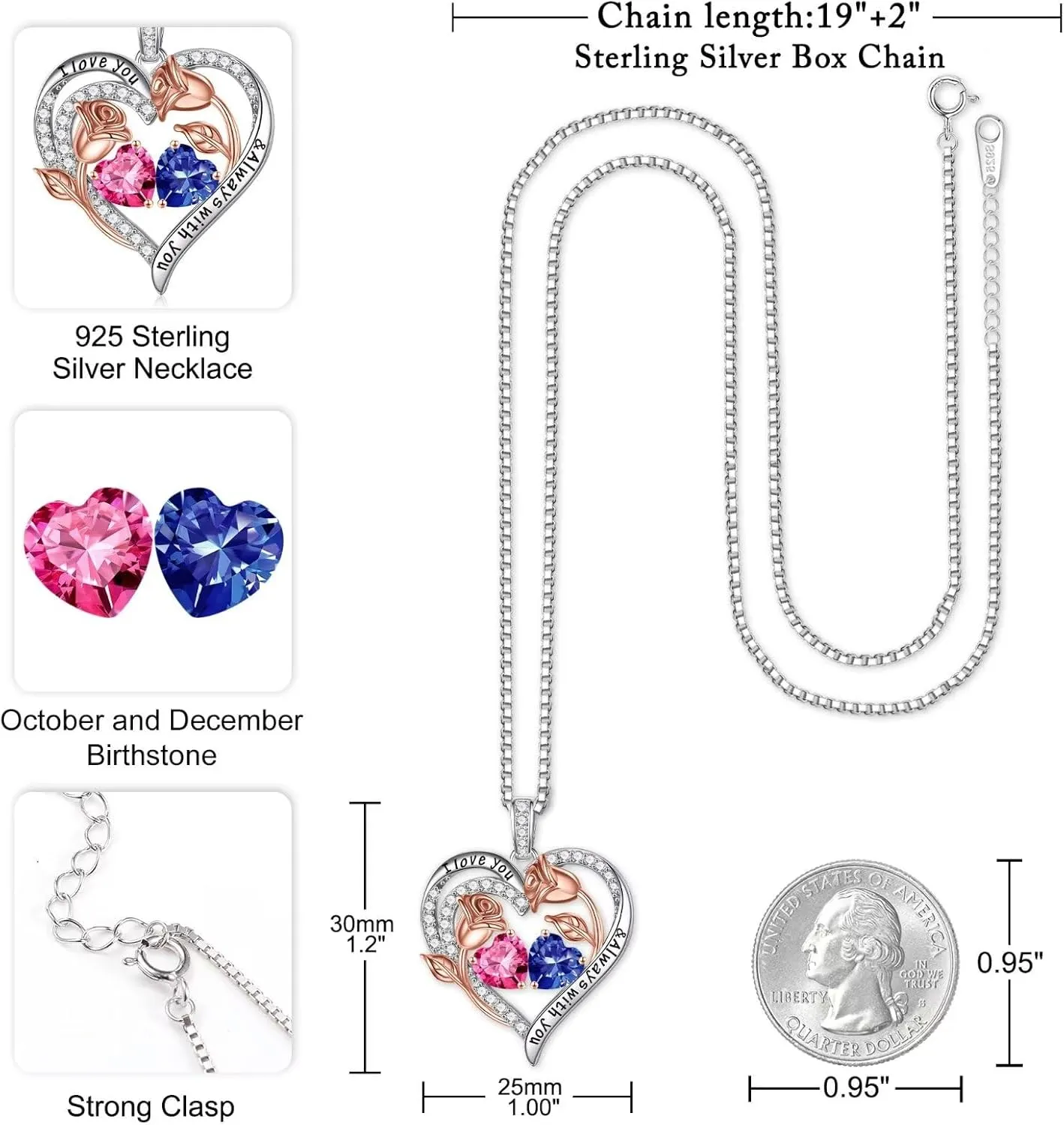 Iefil Birthstone Necklace for Women - 925 Sterling Silver Rose Heart Birthstone Necklace Birthday Anniversary Jewelry Gifts for Her Wife Mom Daughter