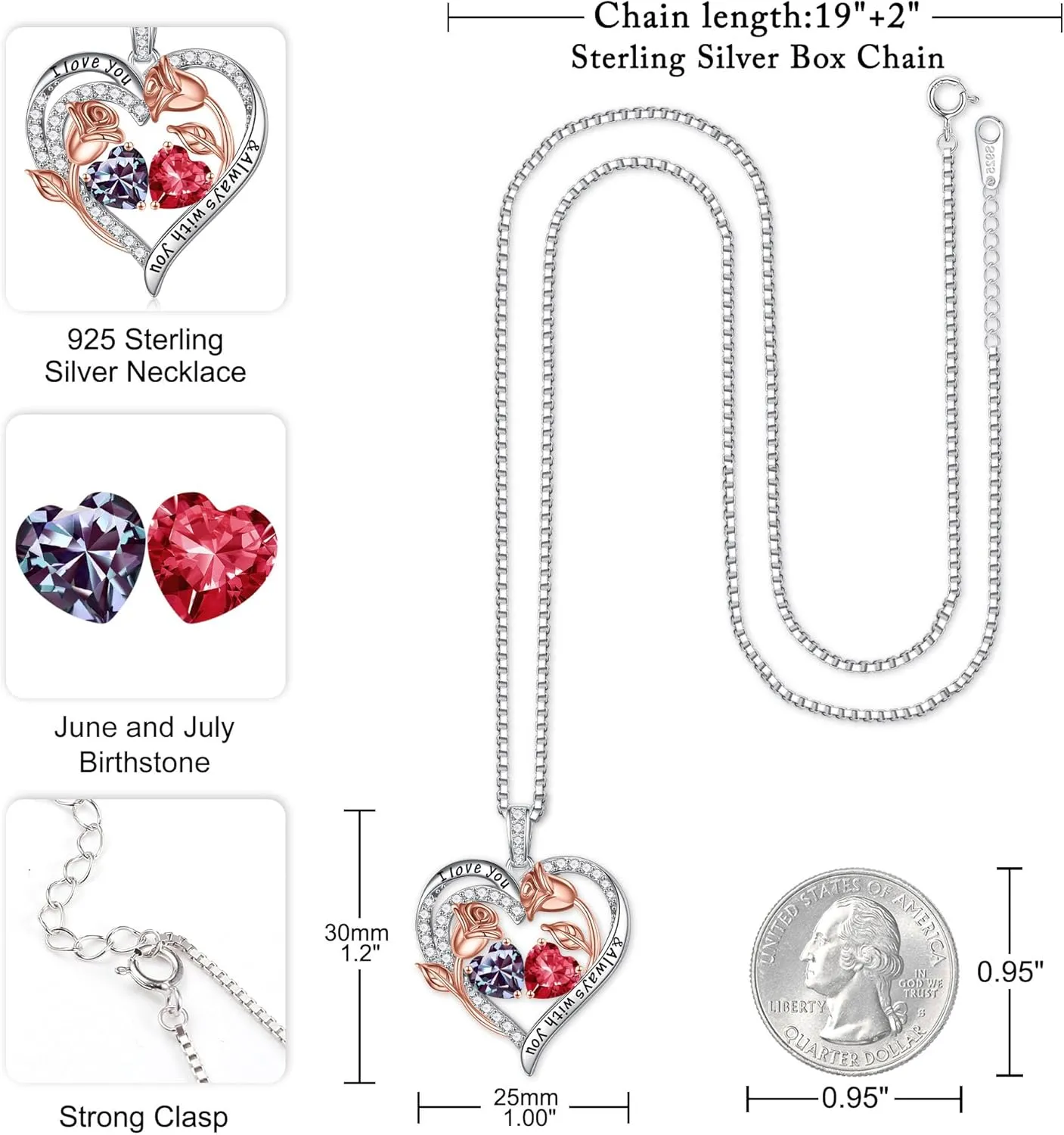 Iefil Birthstone Necklace for Women - 925 Sterling Silver Rose Heart Birthstone Necklace Birthday Anniversary Jewelry Gifts for Her Wife Mom Daughter