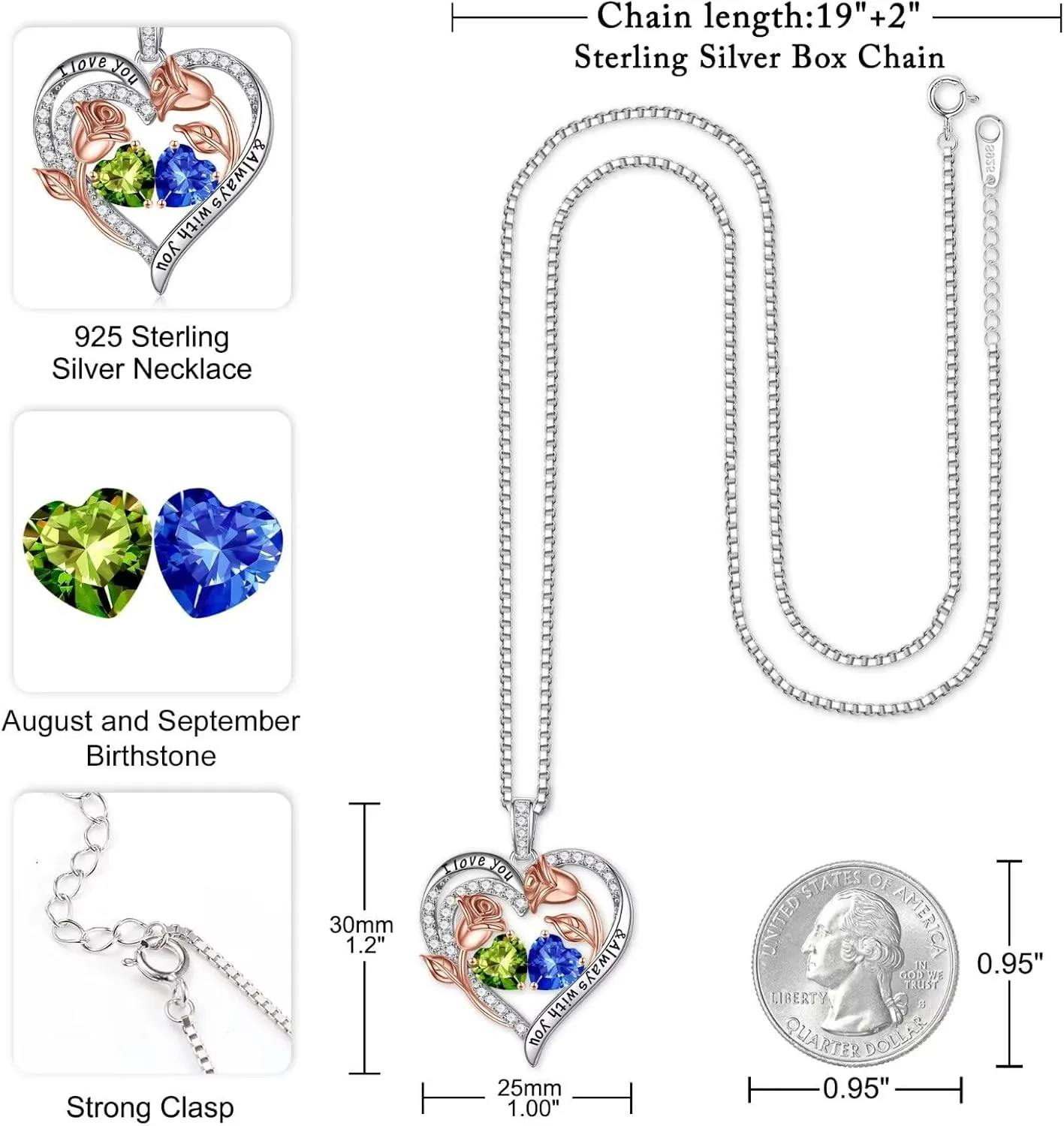 Iefil Birthstone Necklace for Women - 925 Sterling Silver Rose Heart Birthstone Necklace Birthday Anniversary Jewelry Gifts for Her Wife Mom Daughter