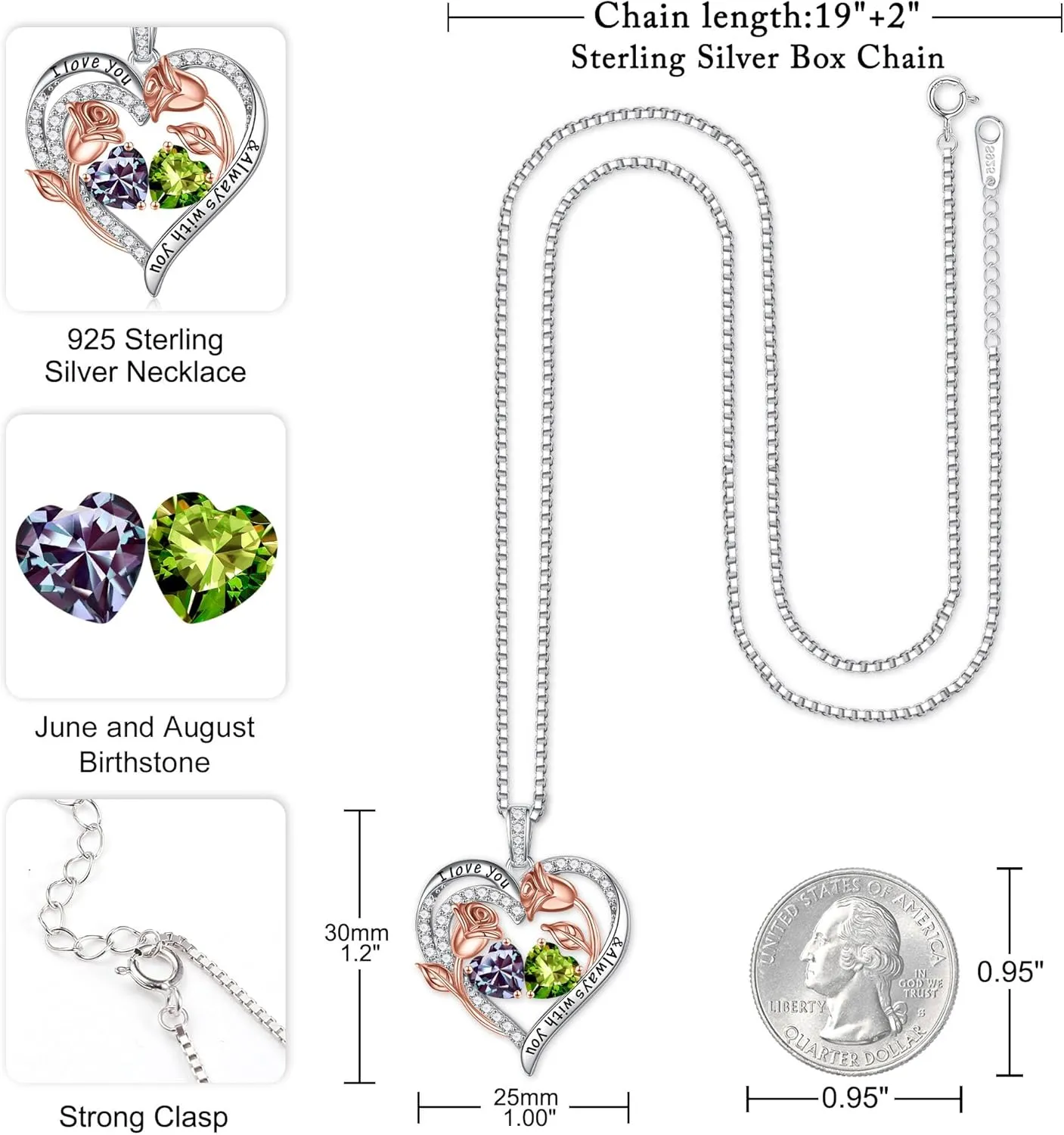 Iefil Birthstone Necklace for Women - 925 Sterling Silver Rose Heart Birthstone Necklace Birthday Anniversary Jewelry Gifts for Her Wife Mom Daughter