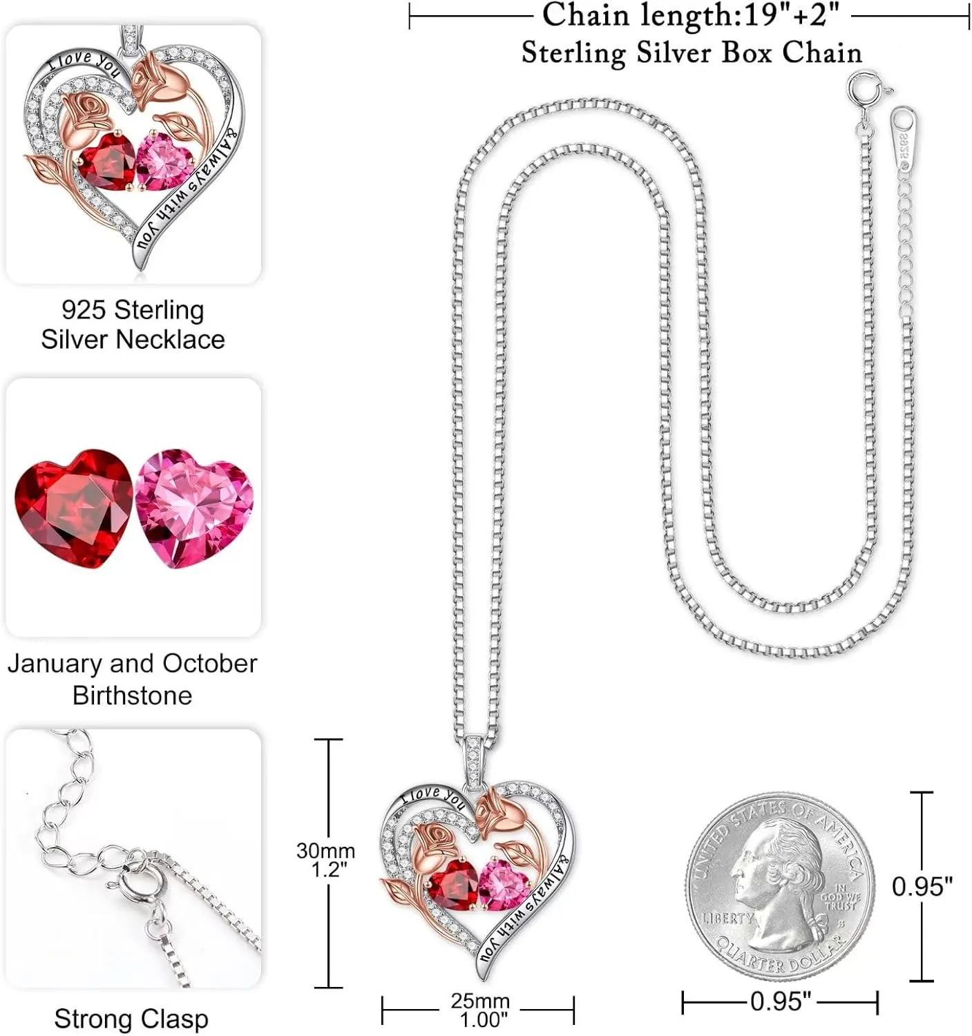 Iefil Birthstone Necklace for Women - 925 Sterling Silver Rose Heart Birthstone Necklace Birthday Anniversary Jewelry Gifts for Her Wife Mom Daughter