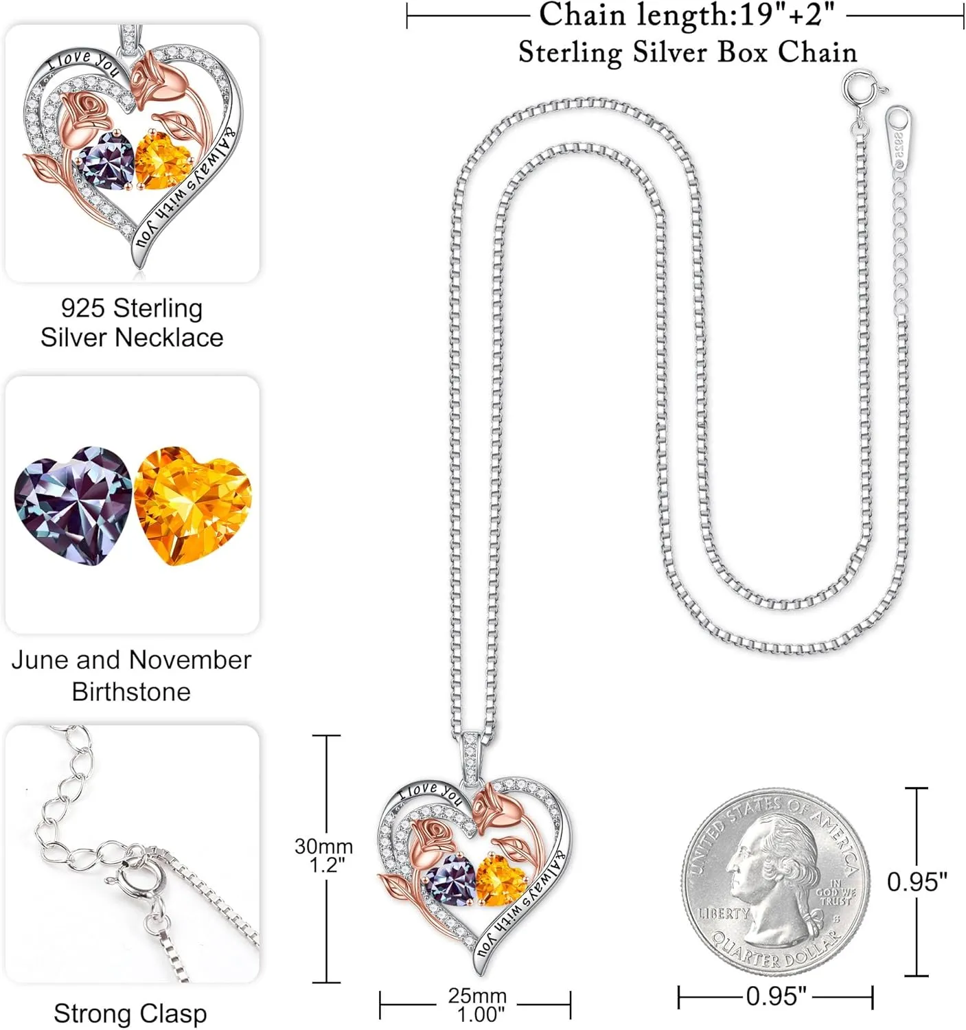 Iefil Birthstone Necklace for Women - 925 Sterling Silver Rose Heart Birthstone Necklace Birthday Anniversary Jewelry Gifts for Her Wife Mom Daughter