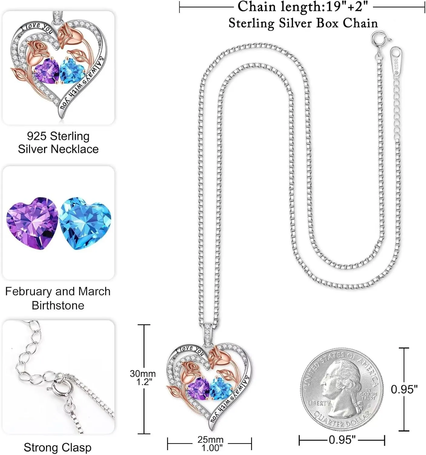 Iefil Birthstone Necklace for Women - 925 Sterling Silver Rose Heart Birthstone Necklace Birthday Anniversary Jewelry Gifts for Her Wife Mom Daughter