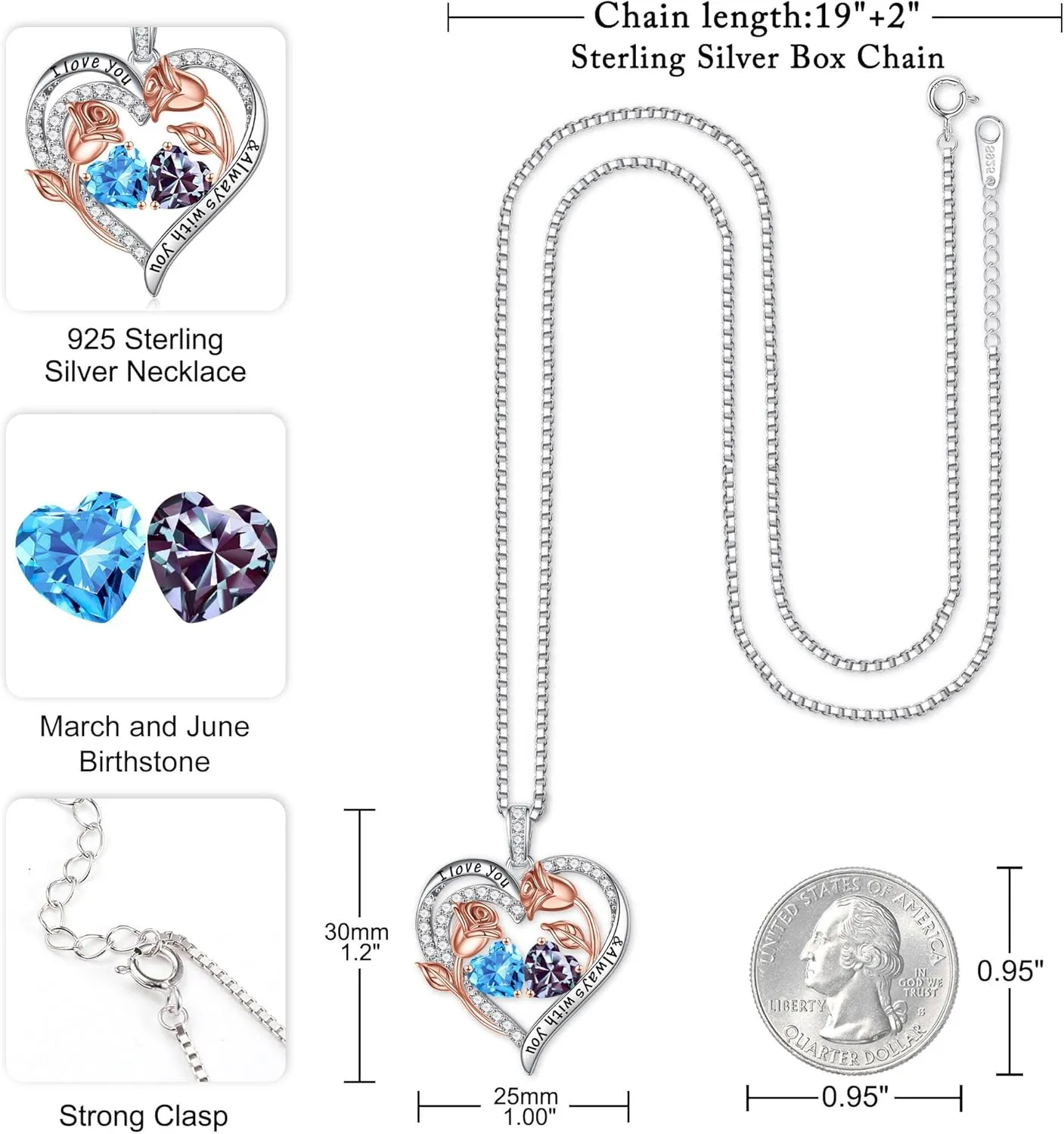 Iefil Birthstone Necklace for Women - 925 Sterling Silver Rose Heart Birthstone Necklace Birthday Anniversary Jewelry Gifts for Her Wife Mom Daughter