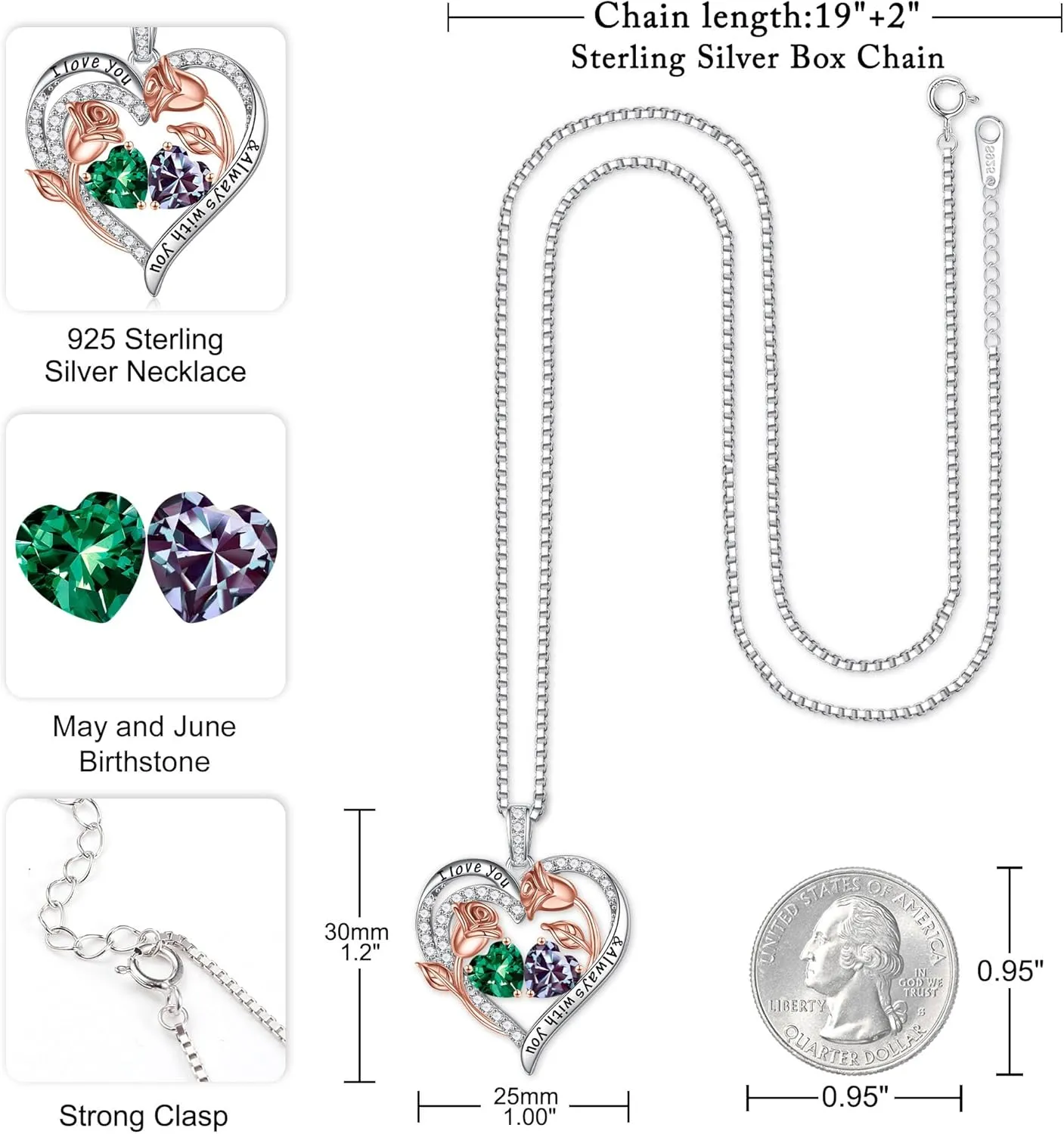 Iefil Birthstone Necklace for Women - 925 Sterling Silver Rose Heart Birthstone Necklace Birthday Anniversary Jewelry Gifts for Her Wife Mom Daughter