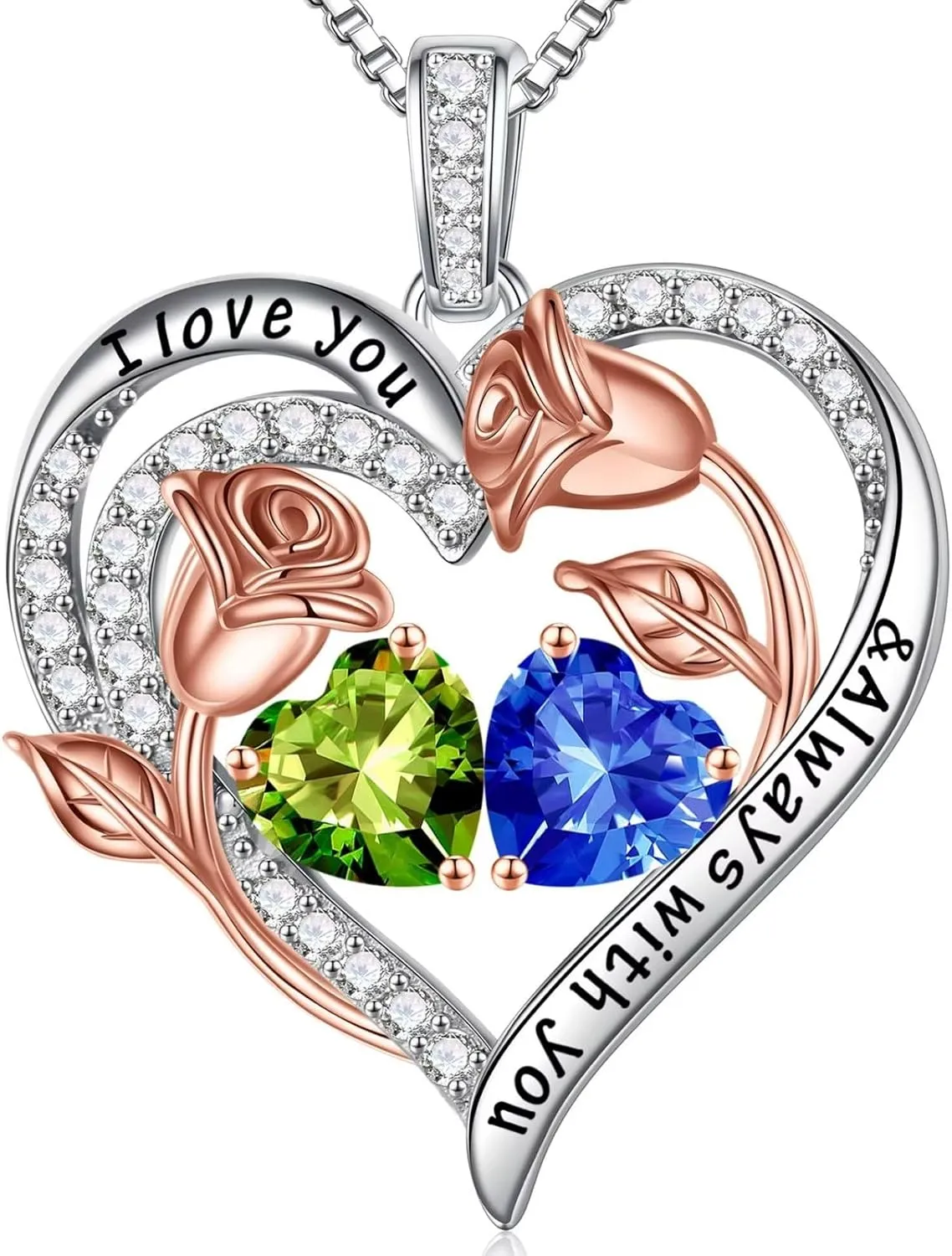 Iefil Birthstone Necklace for Women - 925 Sterling Silver Rose Heart Birthstone Necklace Birthday Anniversary Jewelry Gifts for Her Wife Mom Daughter