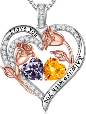 Iefil Birthstone Necklace for Women - 925 Sterling Silver Rose Heart Birthstone Necklace Birthday Anniversary Jewelry Gifts for Her Wife Mom Daughter