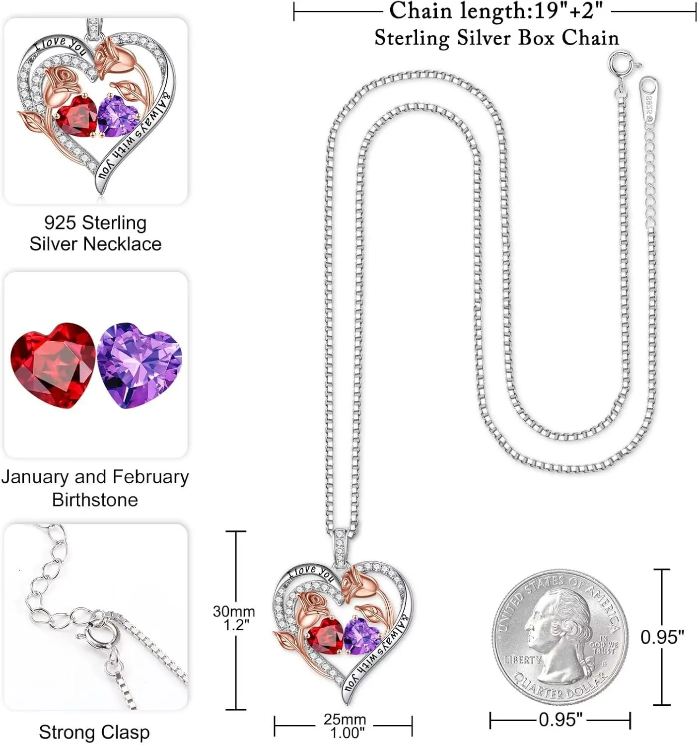 Iefil Birthstone Necklace for Women - 925 Sterling Silver Rose Heart Birthstone Necklace Birthday Anniversary Jewelry Gifts for Her Wife Mom Daughter
